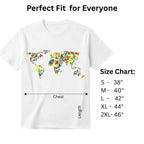 The Humanity Map white graphic tee size chart and dimensions