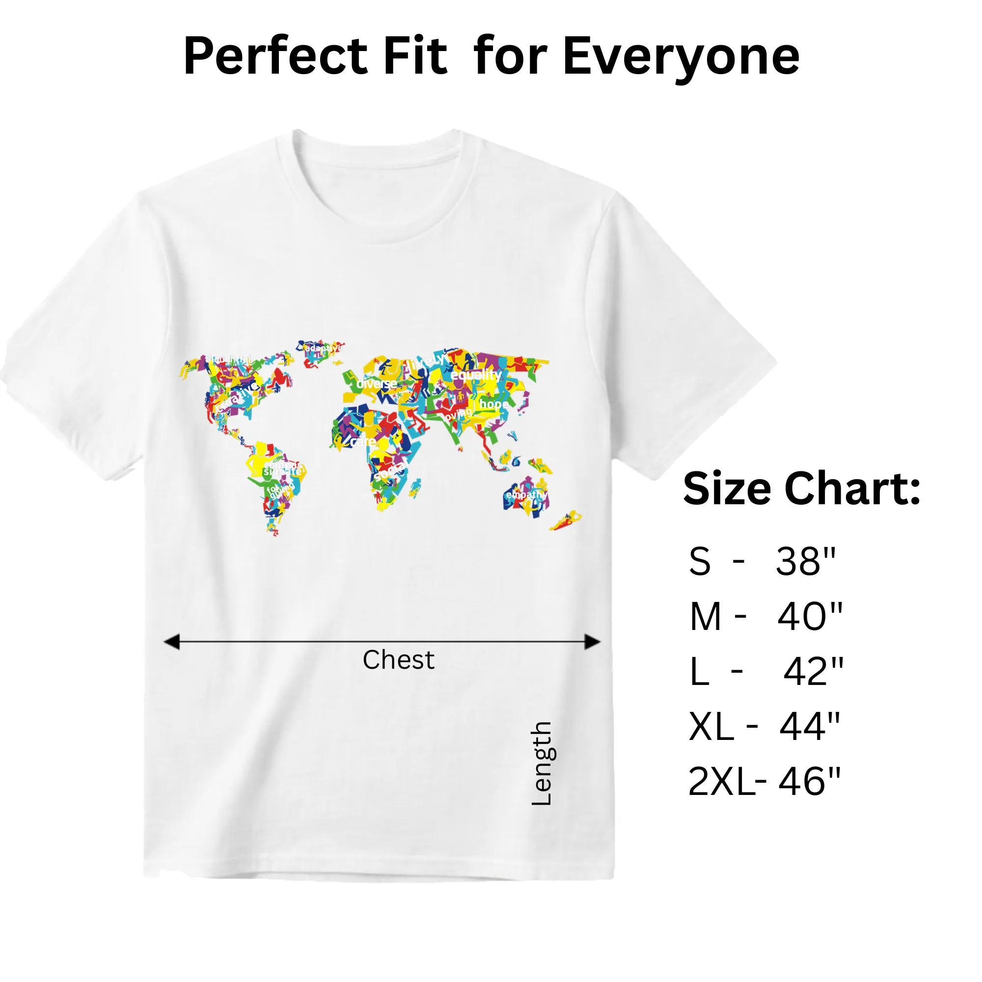 The Humanity Map white graphic tee size chart and dimensions