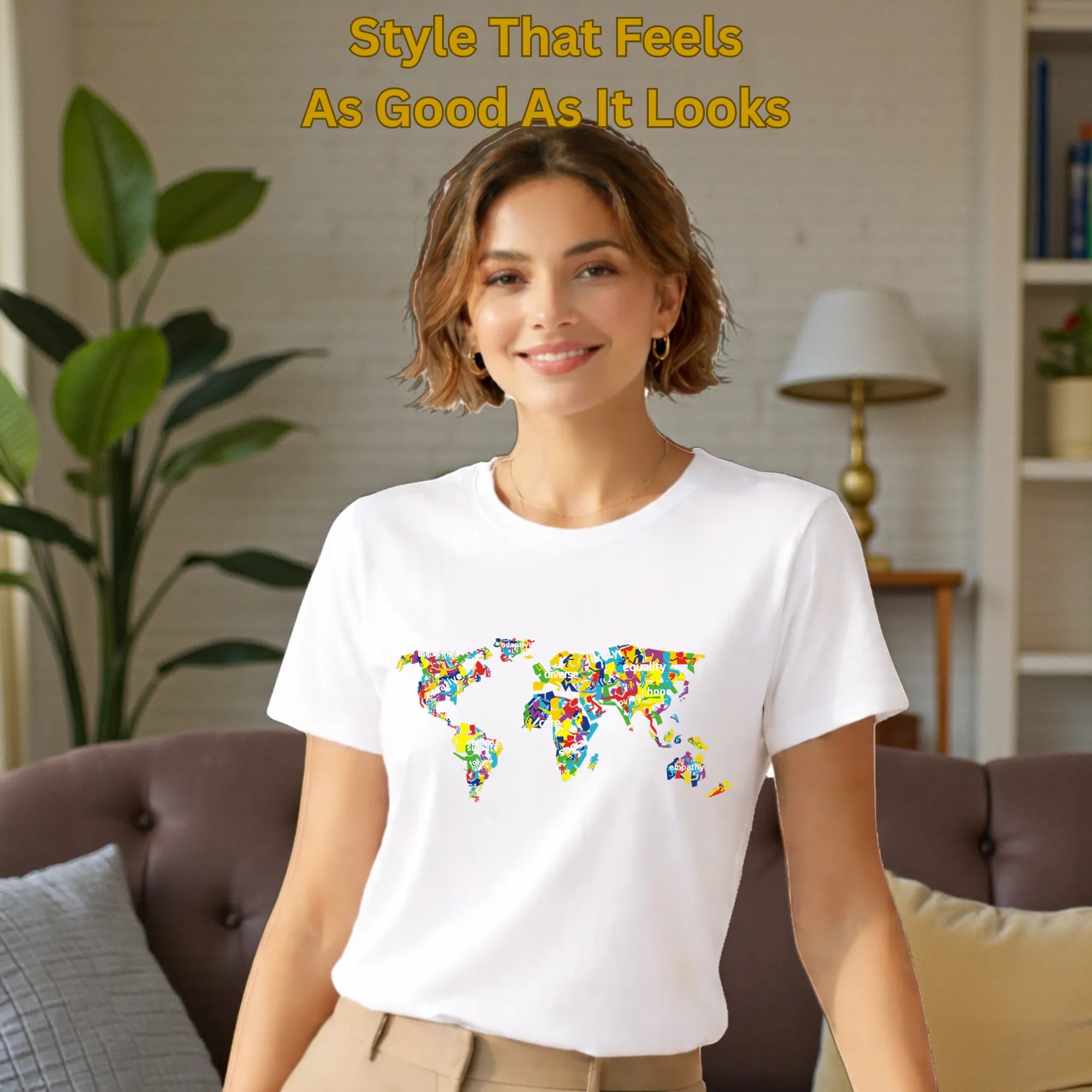 Model wearing The Humanity Map artistic cotton t-shirt in White