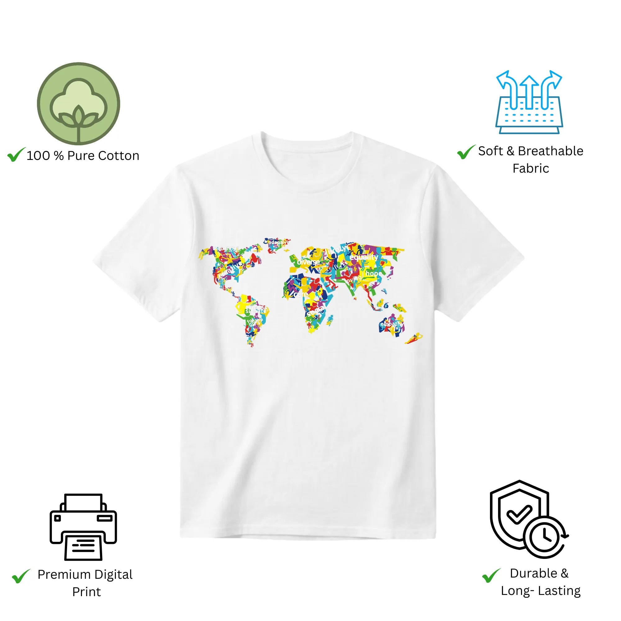 Features of The Humanity Map unisex t-shirt including premium print and comfort fit