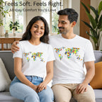 Matching pair wearing The Humanity Map artistic t-shirts by PaintzStories