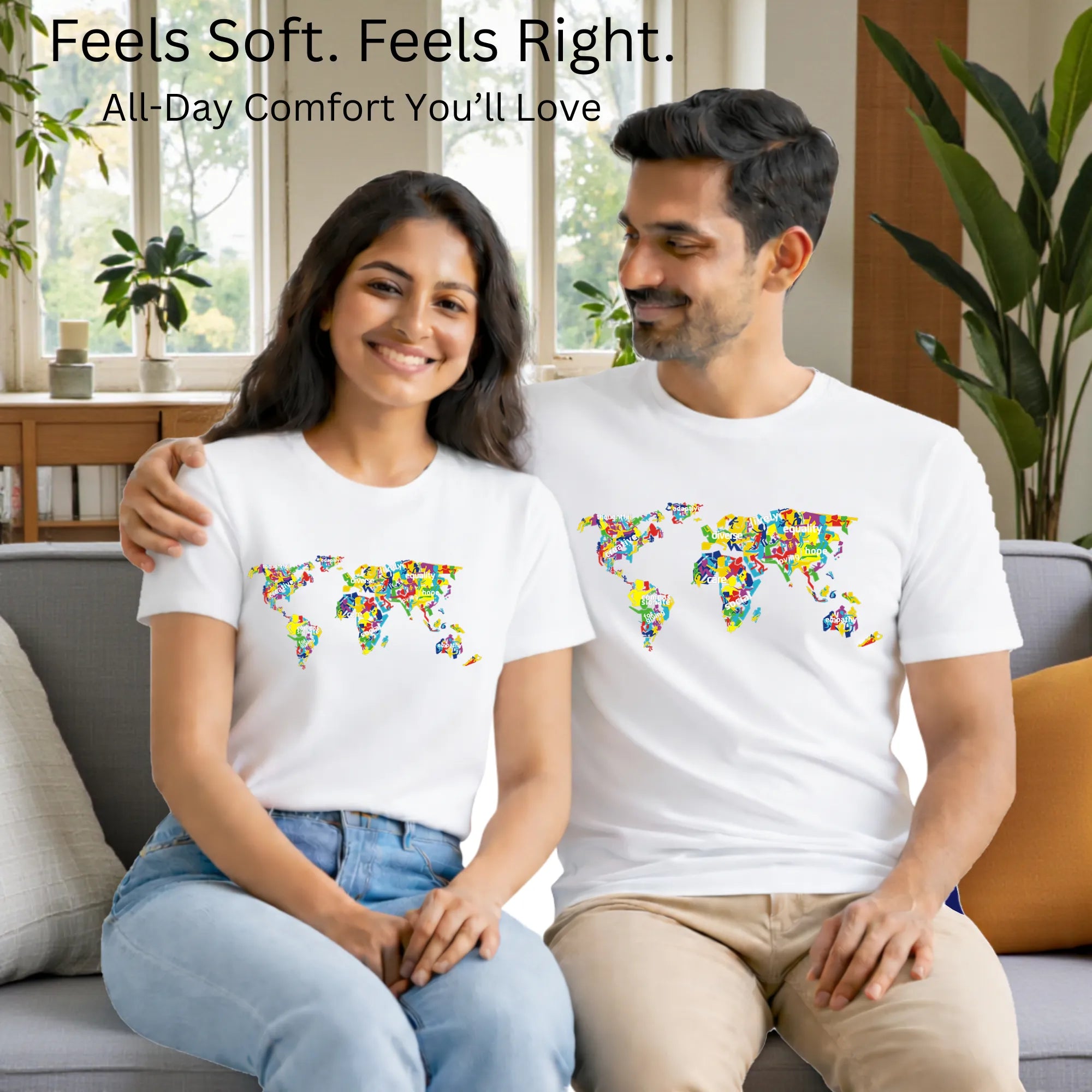 Matching pair wearing The Humanity Map artistic t-shirts by PaintzStories