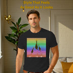 Male model wearing Three Giraffes artistic t-shirt in Black