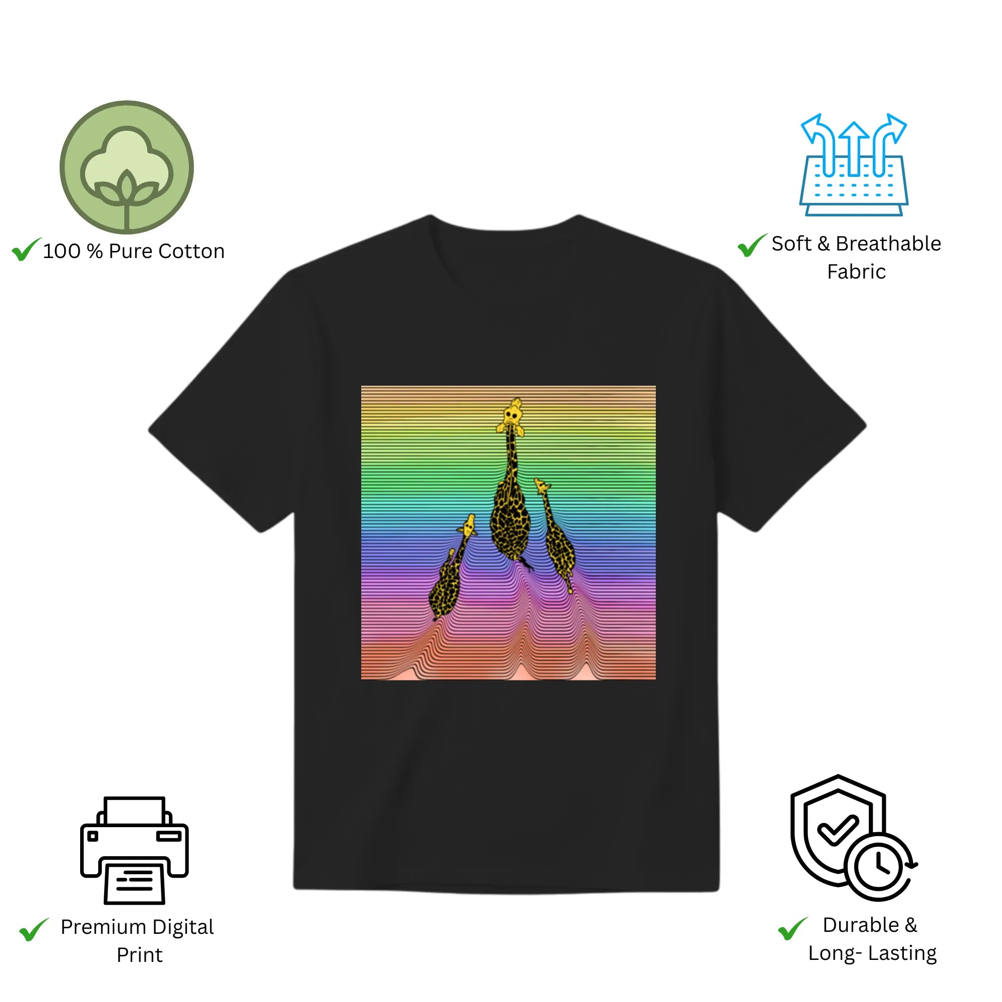 Three Giraffes men's t-shirt features premium cotton fabric and vibrant artwork print