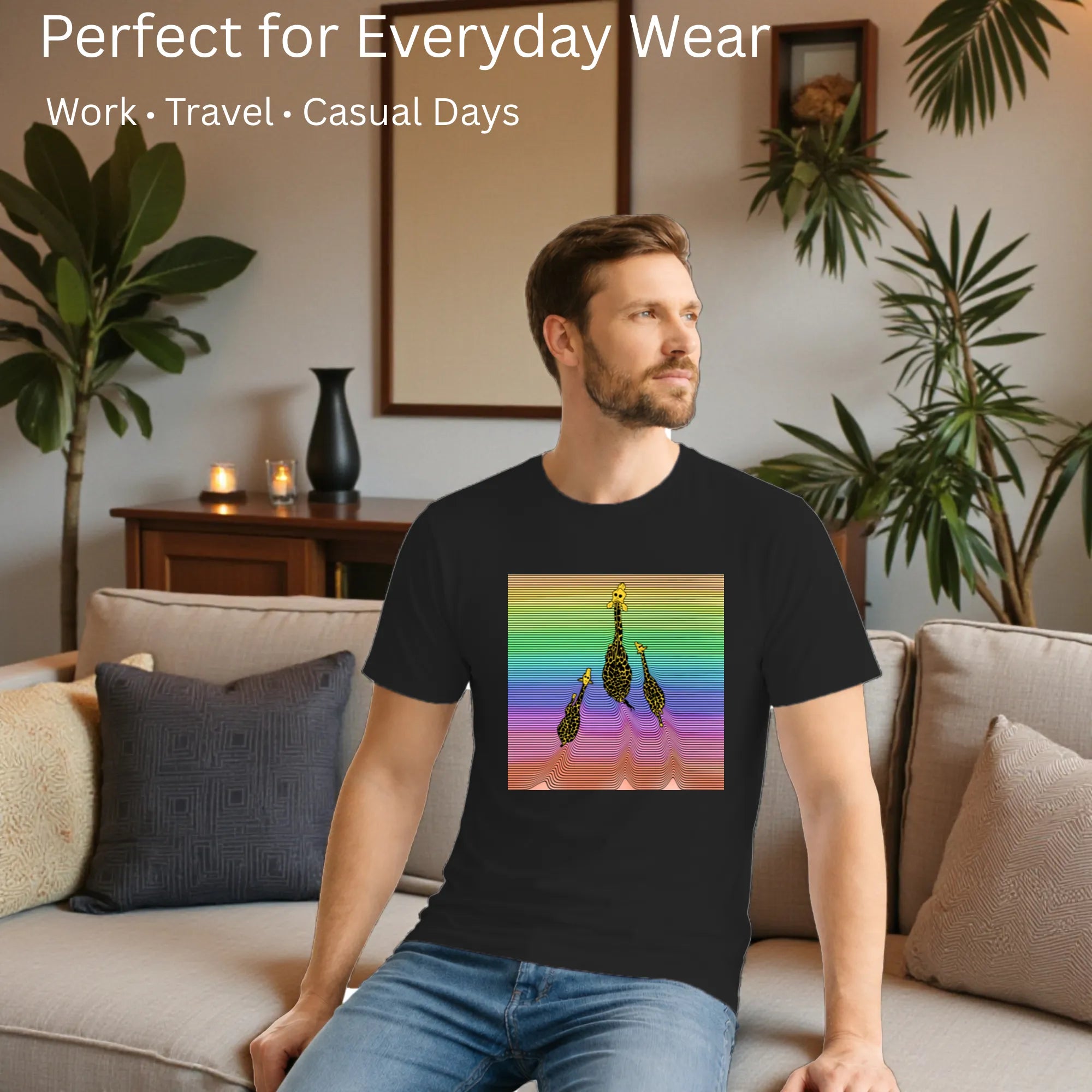 Male model showcasing  Three Giraffes artistic t-shirt in Black