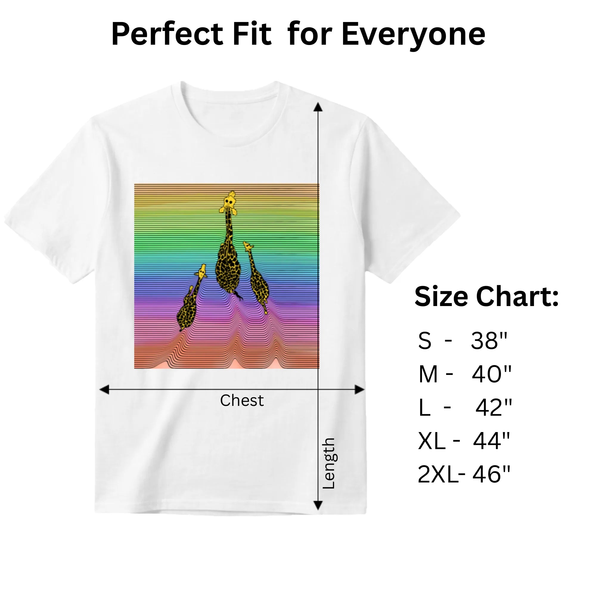 Three Giraffes men's graphic tee size chart and dimensions guide