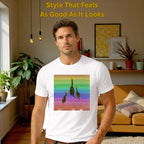 Male model wearing Three Giraffes artistic t-shirt in White