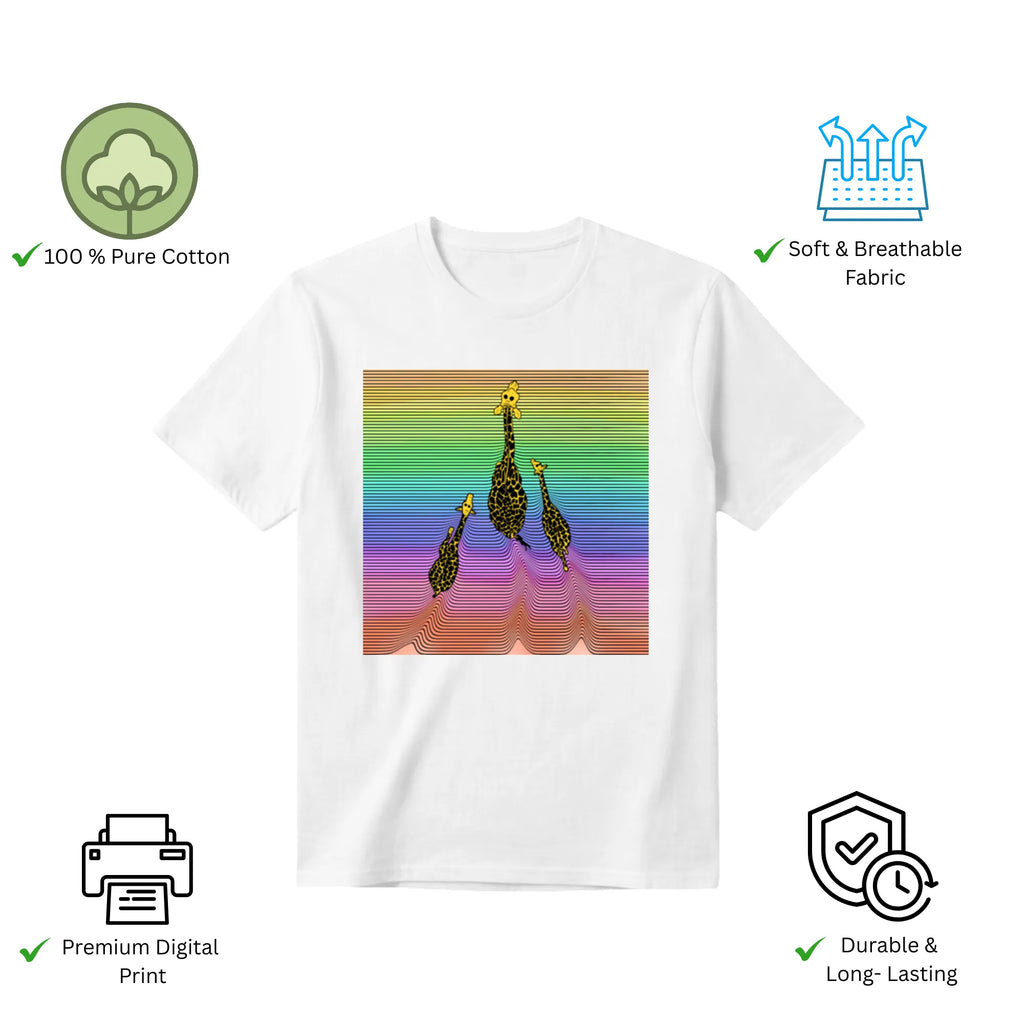 Three Giraffes men's t-shirt features premium cotton fabric and vibrant artwork print