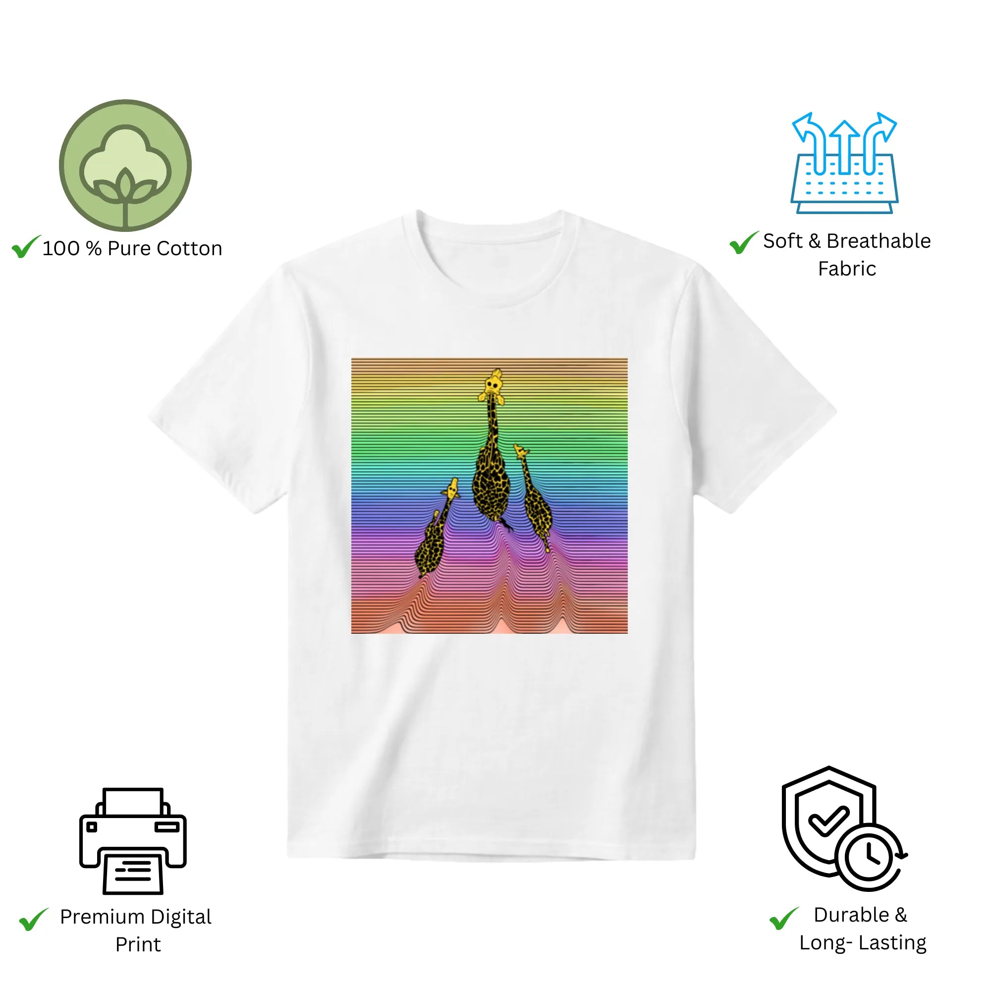 Three Giraffes men's t-shirt features premium cotton fabric and vibrant artwork print