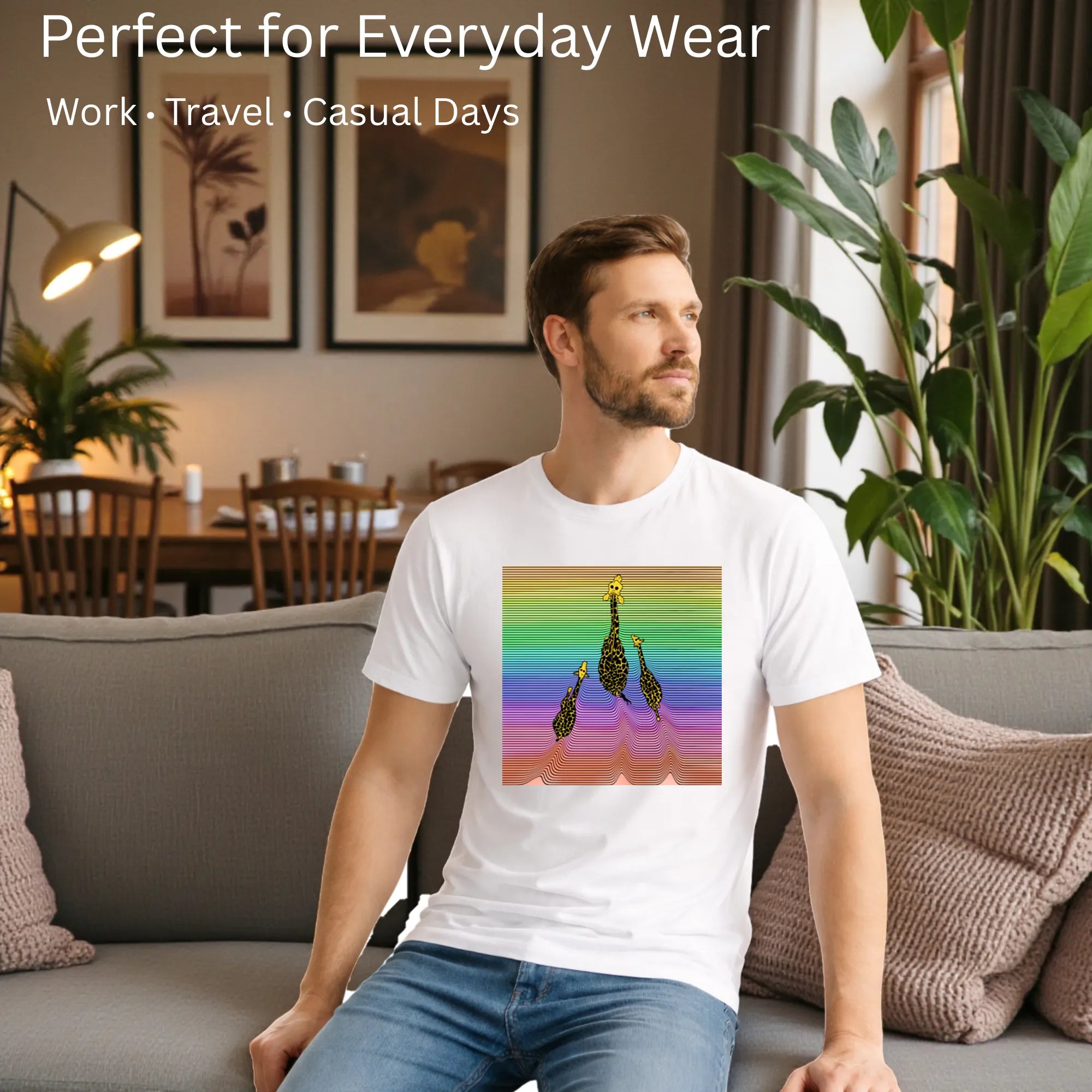 Male model showcasing  Three Giraffes artistic t-shirt in White