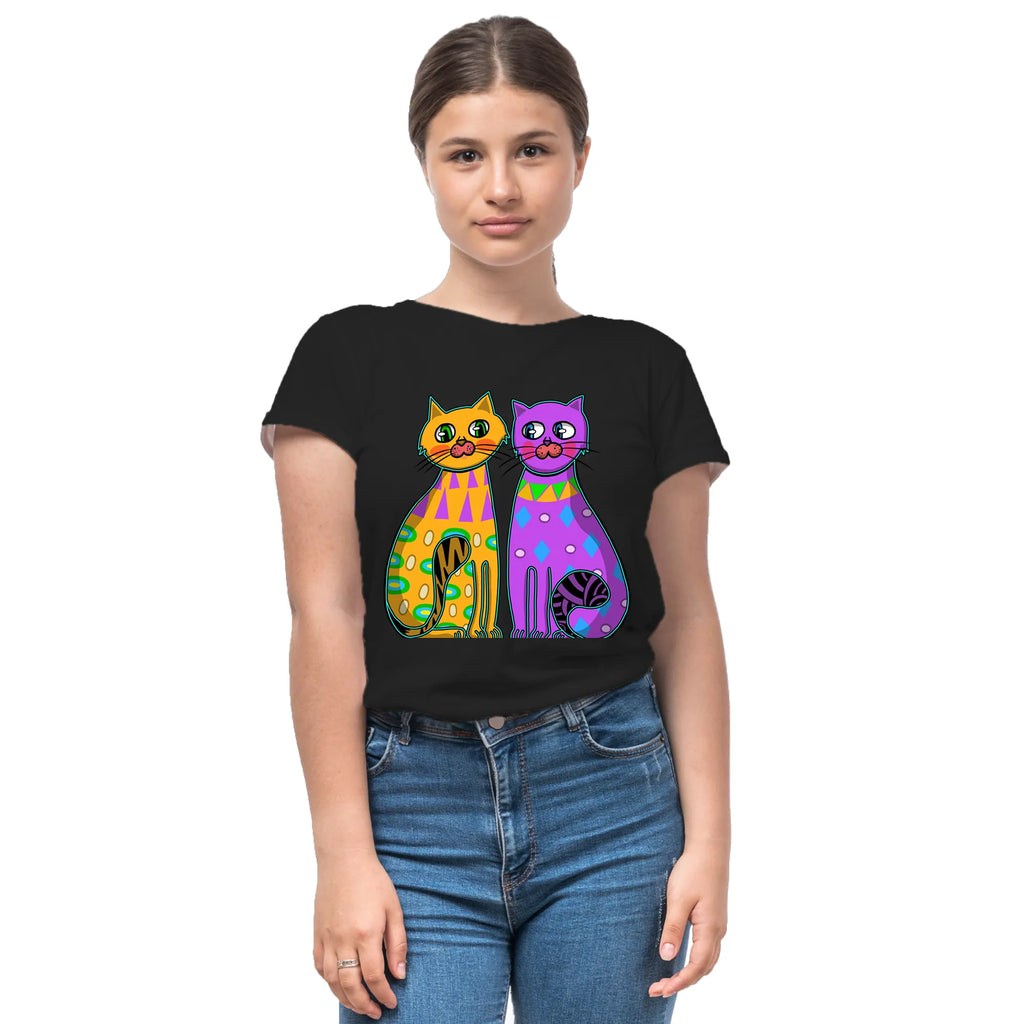Two Fancy Cats women's artistic cotton t-shirt in Black by PaintzStories