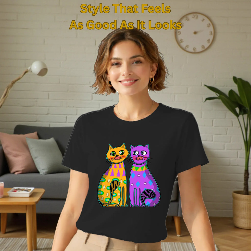Female model wearing Two Fancy Cats artistic t-shirt in Black