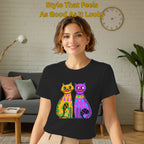 Female model wearing Two Fancy Cats artistic t-shirt in Black