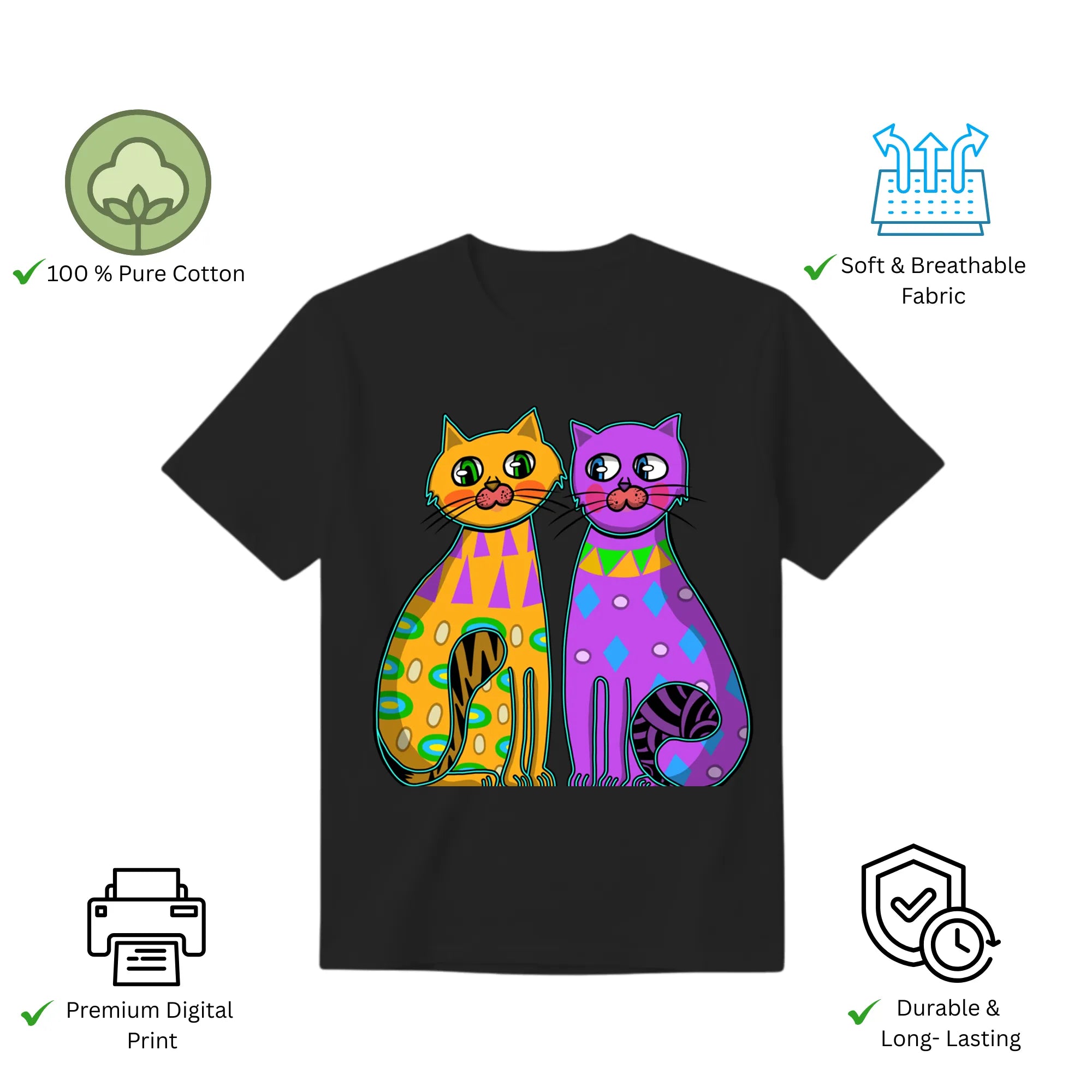 Two Fancy Cats women's t-shirt features premium cotton and vibrant artwork print