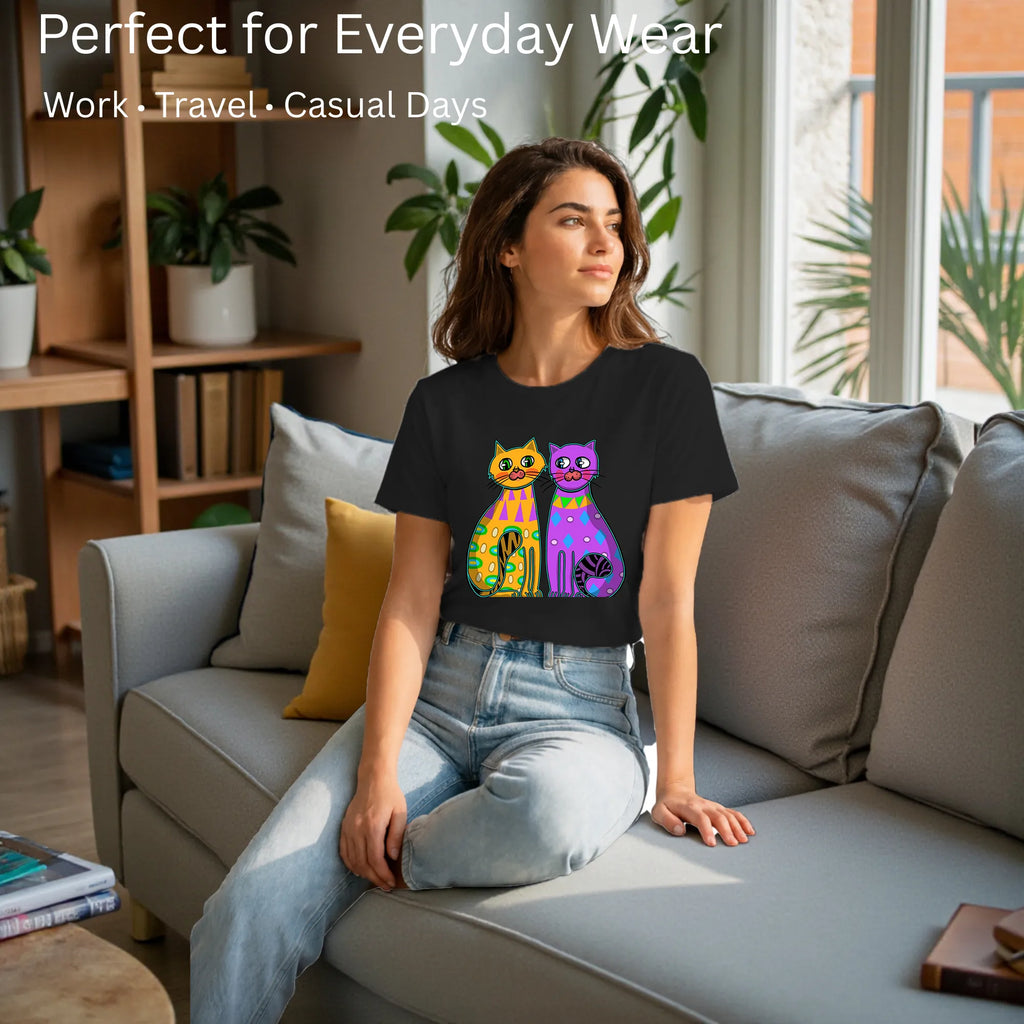 Female model showcasing Two Fancy Cats artistic cotton t-shirt by PaintzStories