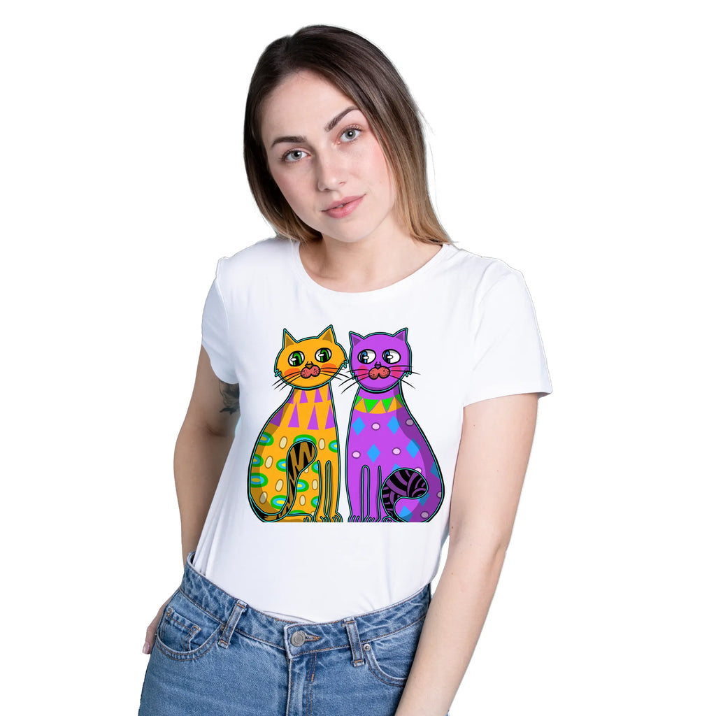 Two Fancy Cats women's artistic cotton t-shirt in White by PaintzStories