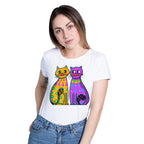 Two Fancy Cats women's artistic cotton t-shirt in White by PaintzStories