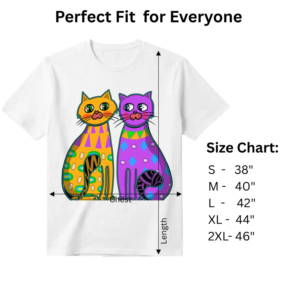 Two Fancy Cats women's graphic tee size chart and dimensions guide