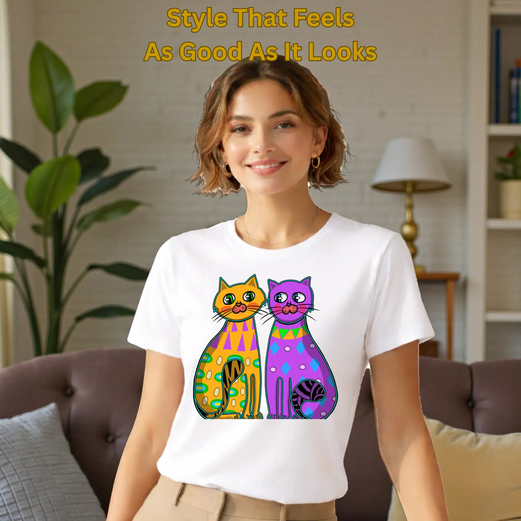 Female model wearing Two Fancy Cats artistic t-shirt in White