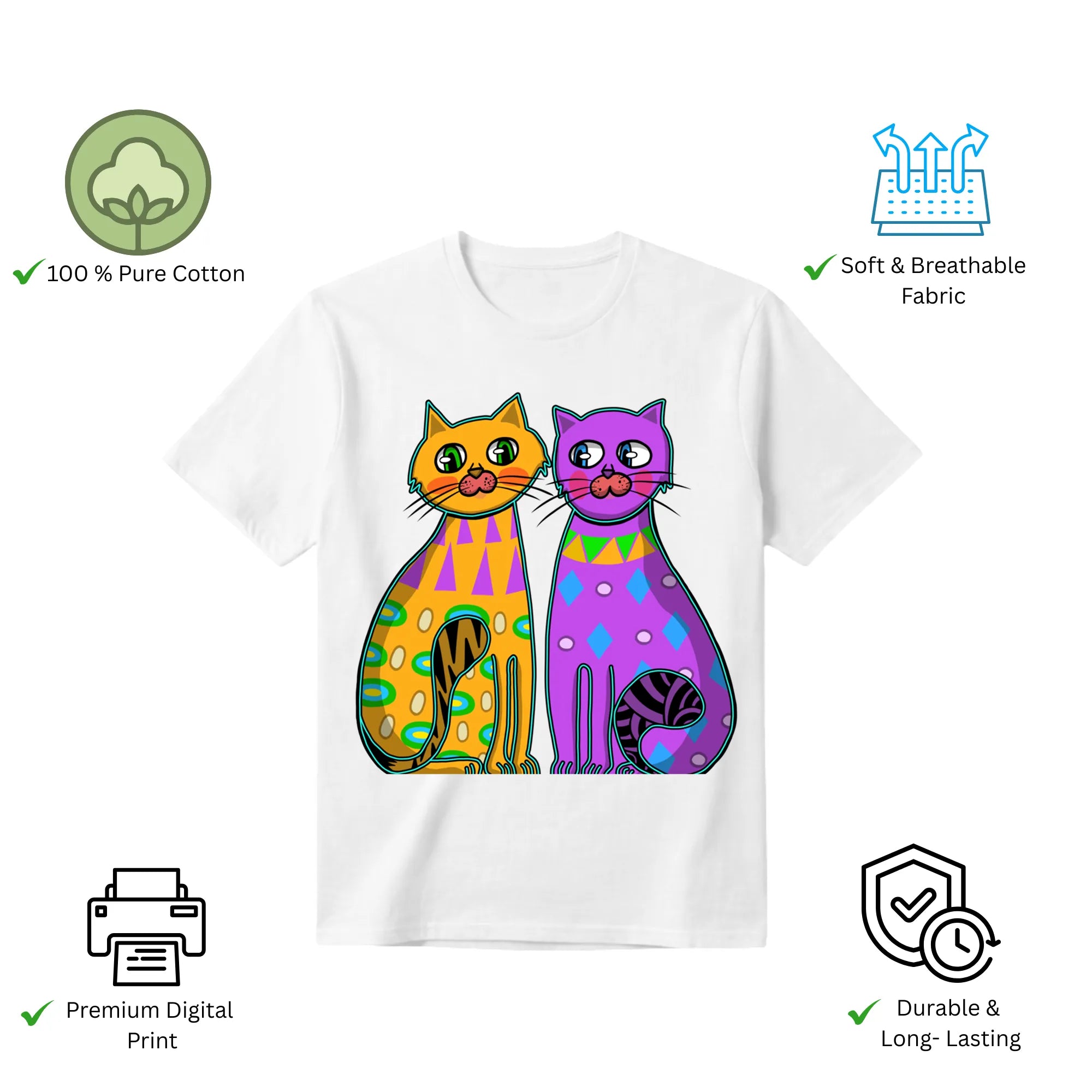Two Fancy Cats women's t-shirt features premium cotton and vibrant artwork print