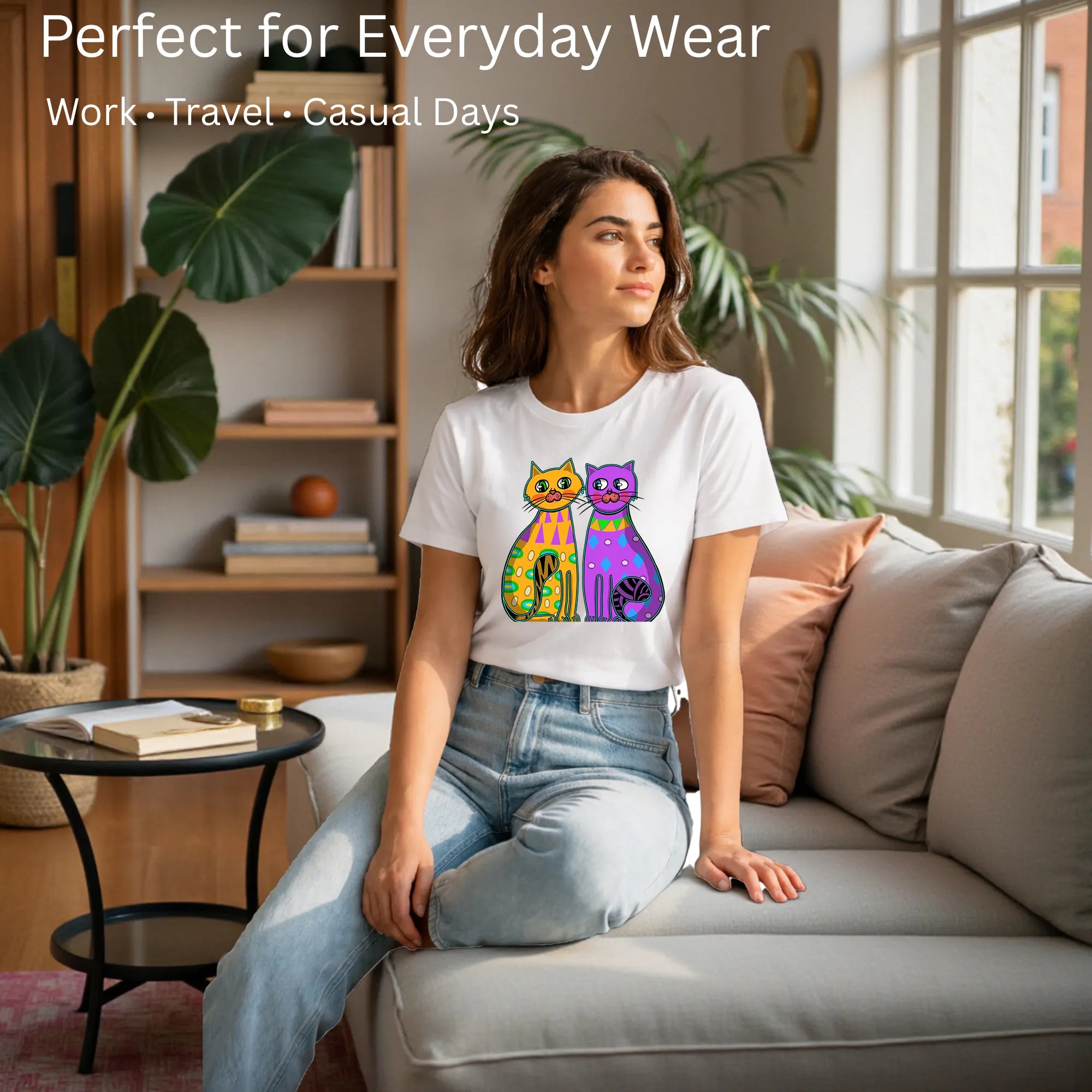 Female model showcasing Two Fancy Cats artistic cotton t-shirt by PaintzStories
