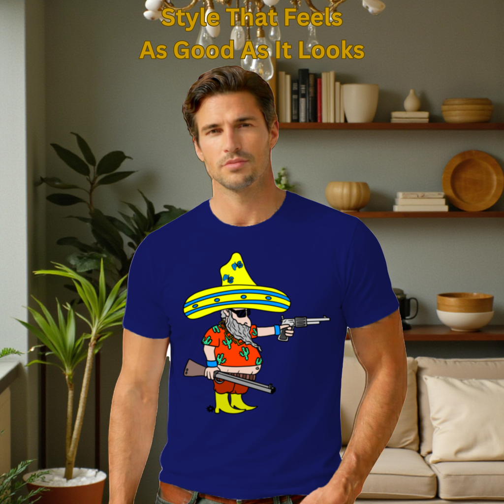 Male model wearing Wild Man's Intention artistic t-shirt in Navy Blue
