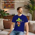Male model showcasing  Wild Man's Intention artistic t-shirt in Navy Blue