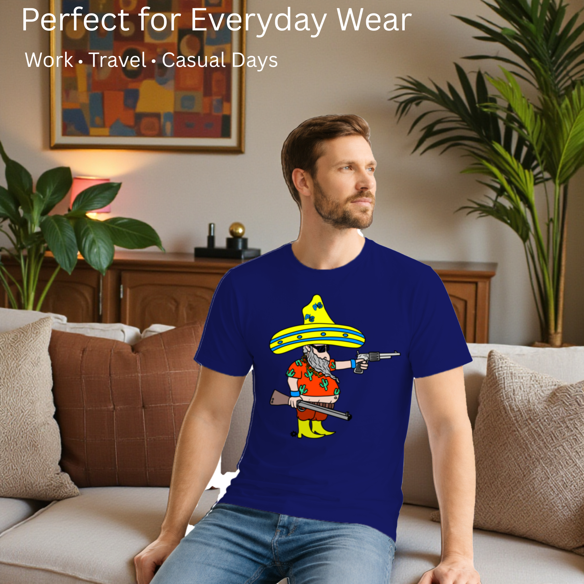 Male model showcasing  Wild Man's Intention artistic t-shirt in Navy Blue