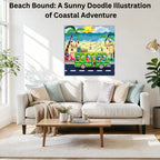 Beach Bound: A Sunny Doodle Illustration of Coastal Adventure canvas wall art displayed in a modern living room home décor setup