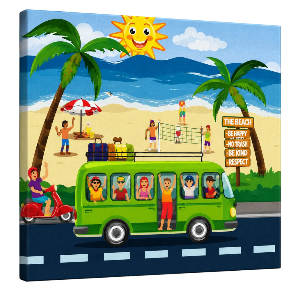 Beach Bound: A Sunny Doodle Illustration of Coastal Adventure premium framed canvas print wall art for living room by PaintzStories