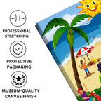 Beach Bound: A Sunny Doodle Illustration of Coastal Adventure canvas print professionally stretched with a neat wrap finish and securely packed in protective packaging for safe delivery