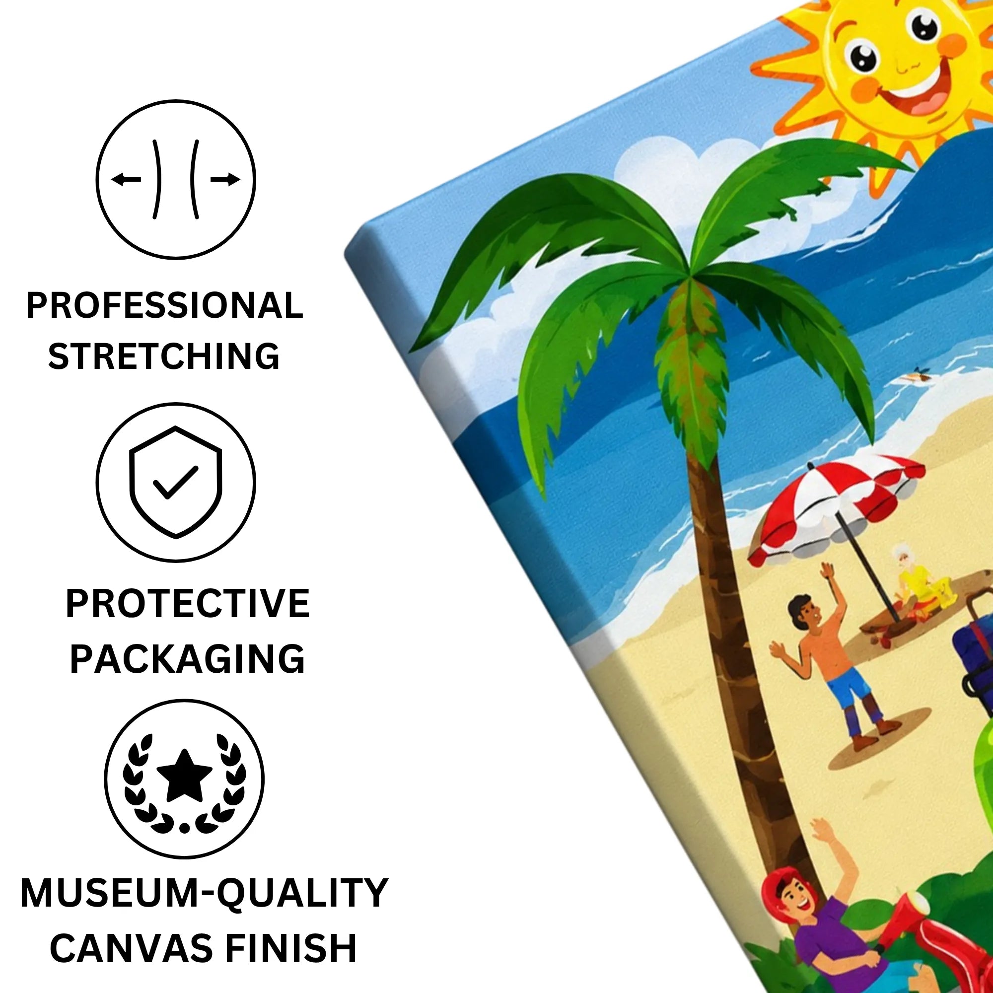 Beach Bound: A Sunny Doodle Illustration of Coastal Adventure canvas print professionally stretched with a neat wrap finish and securely packed in protective packaging for safe delivery