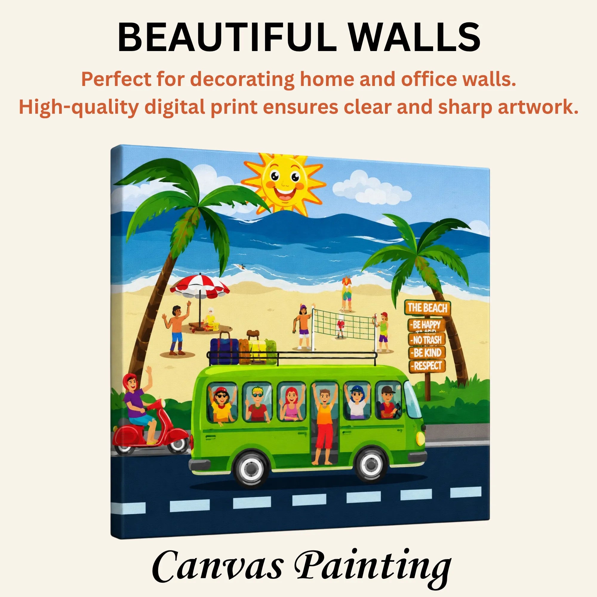 Beach Bound: A Sunny Doodle Illustration of Coastal Adventure artistic canvas print enhancing beautiful living room walls