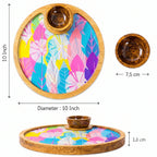 PaintzStories Cycle of Seasons circular wooden serving platter with bowl showing 10 x 10 inch platter size and 50 ml bowl