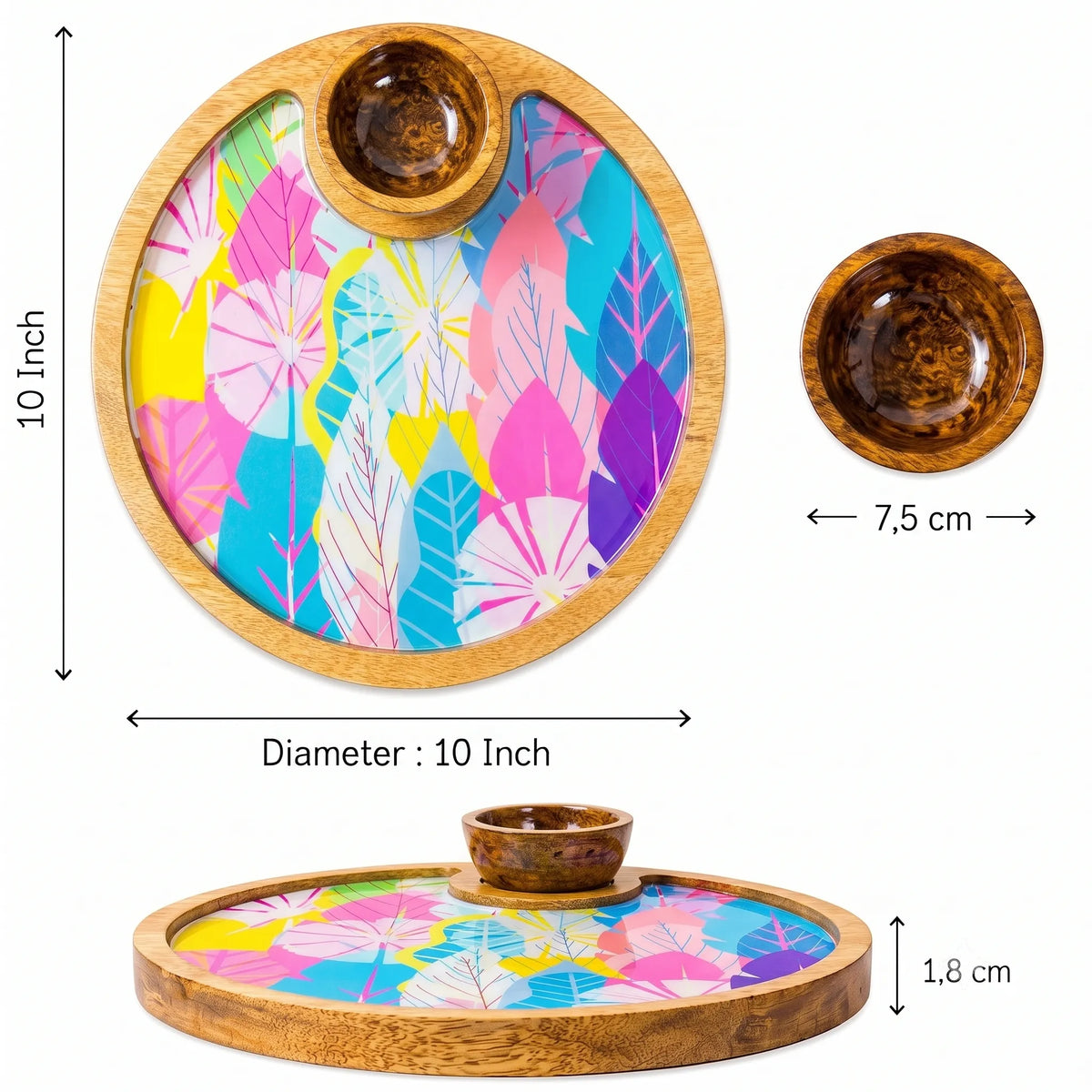 PaintzStories Cycle of Seasons circular wooden serving platter with bowl showing 10 x 10 inch platter size and 50 ml bowl