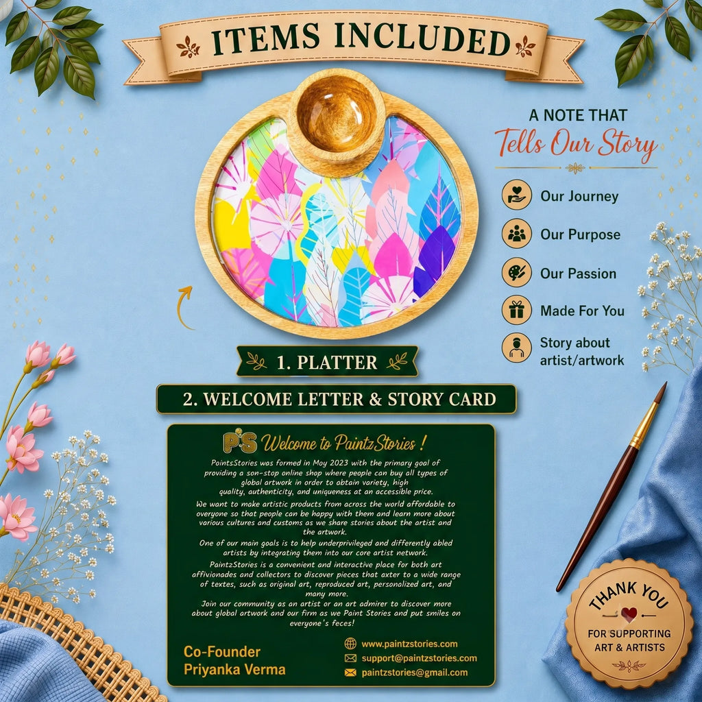 PaintzStories Cycle of Seasons circular wooden serving platter with 50 ml wooden bowl, PaintzStories Card and Welcome Letter included