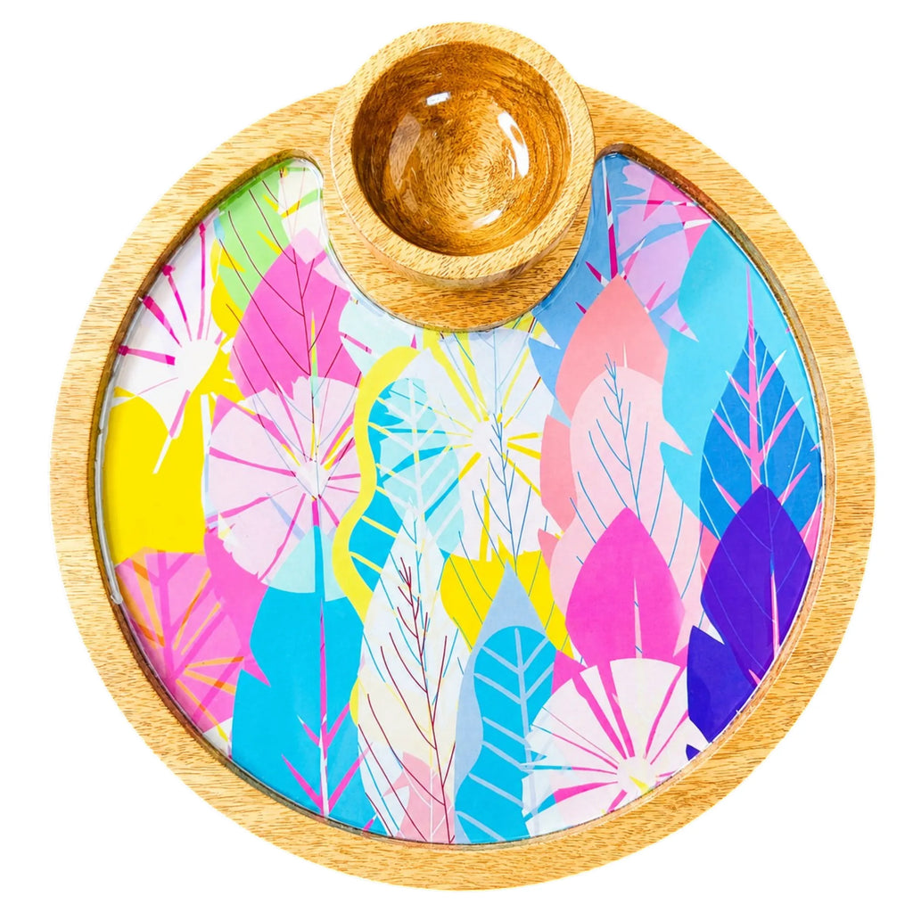 PaintzStories Cycle of Seasons circular wooden serving platter with wooden bowl, handcrafted solid mango wood with glossy Meena print, 10 x 10 inch