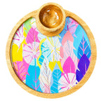PaintzStories Cycle of Seasons circular wooden serving platter with wooden bowl, handcrafted solid mango wood with glossy Meena print, 10 x 10 inch