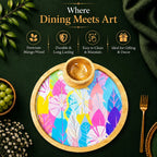 PaintzStories Cycle of Seasons artistic circular wooden serving platter with bowl styled for elegant dining and table decor