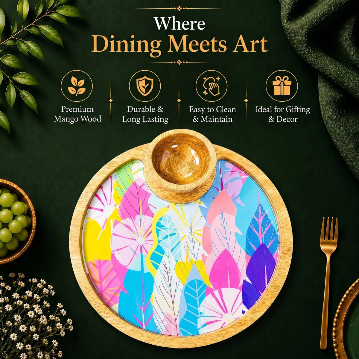 PaintzStories Cycle of Seasons artistic circular wooden serving platter with bowl styled for elegant dining and table decor