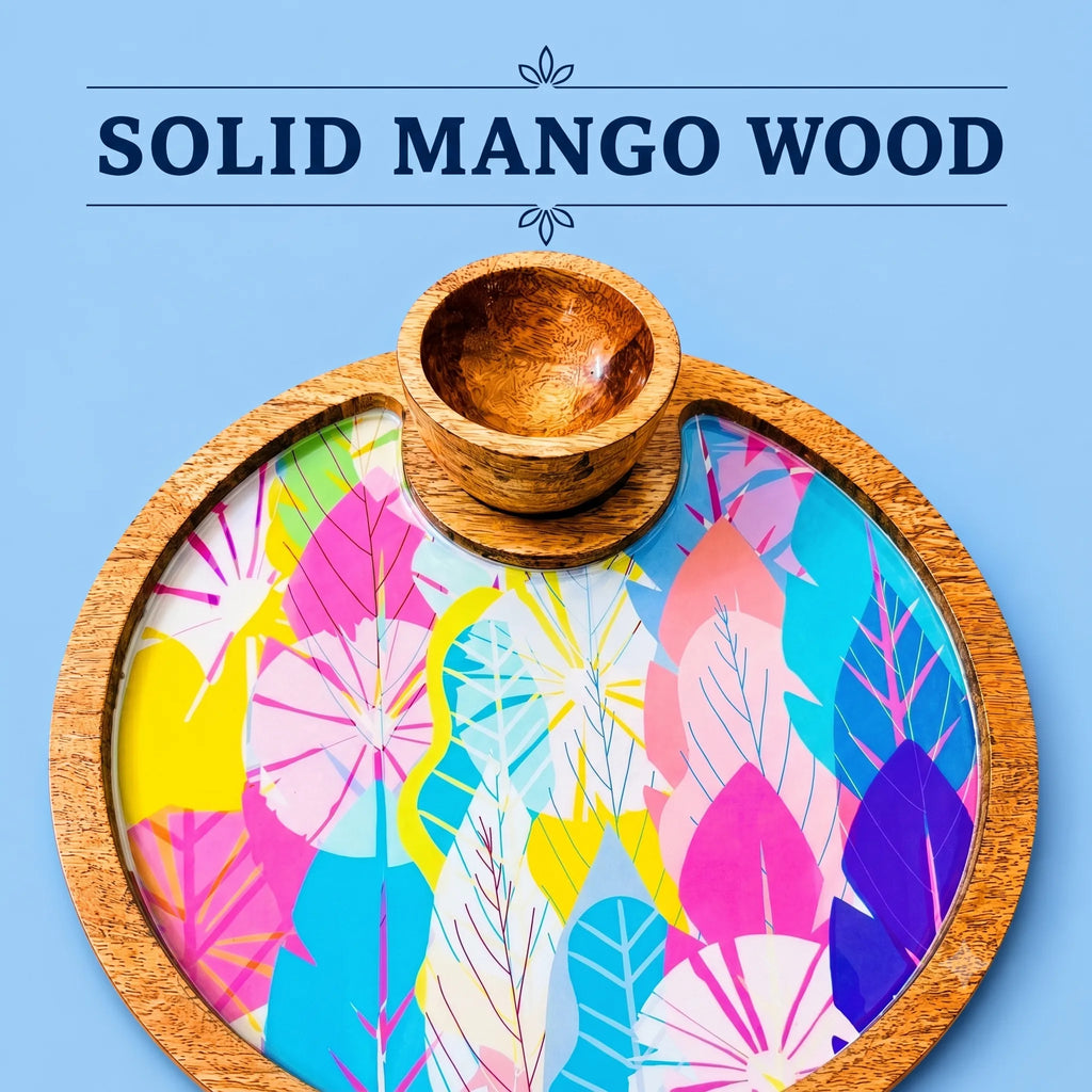 PaintzStories Cycle of Seasons circular serving platter handcrafted from solid mango wood with glossy Meena artwork and wooden bowl