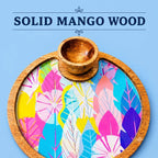 PaintzStories Cycle of Seasons circular serving platter handcrafted from solid mango wood with glossy Meena artwork and wooden bowl