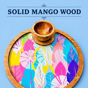 'PAINTZSTORIES Cycle of Seasons Circular Wooden Serving Platter with Wooden Bowl | Artistic Wooden Cutlery | Handmade Tableware | Decorative Centre Table Decor | Size 10 x 10 inch