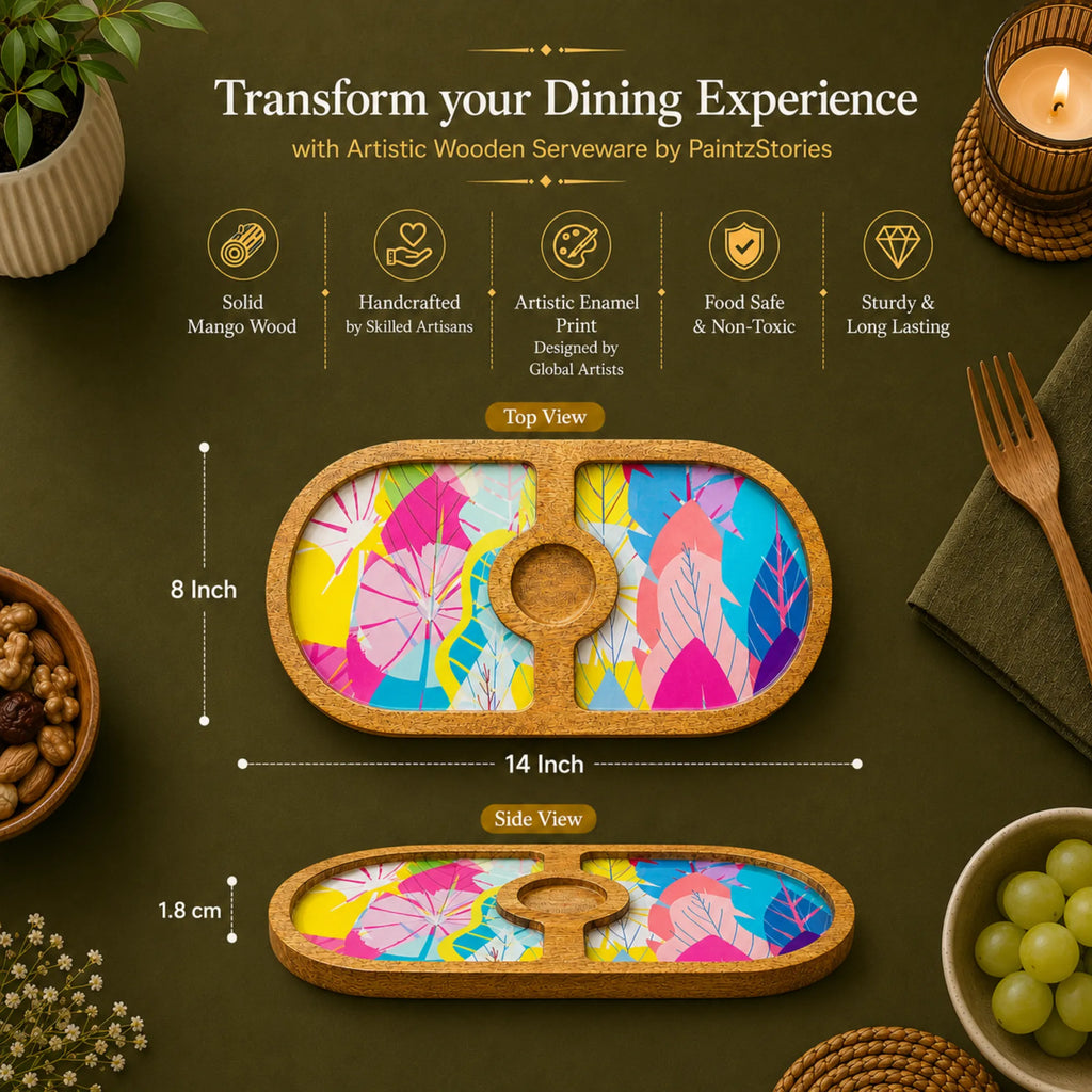 PaintzStories Cycle of Seasons round wooden serving platter, 14 x 8 inch size