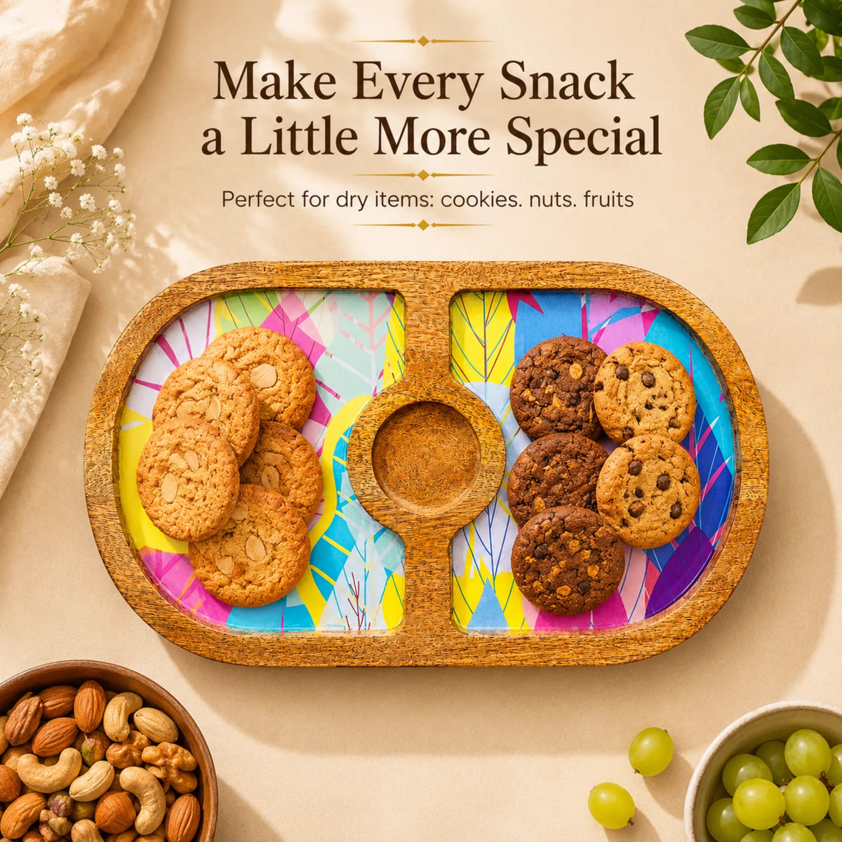 PaintzStories Cycle of Seasons round wooden platter for serving snacks, starters, fruits and small bites