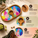 PaintzStories Cycle of Seasons round wooden serving platter featuring solid mango wood and glossy Meena print