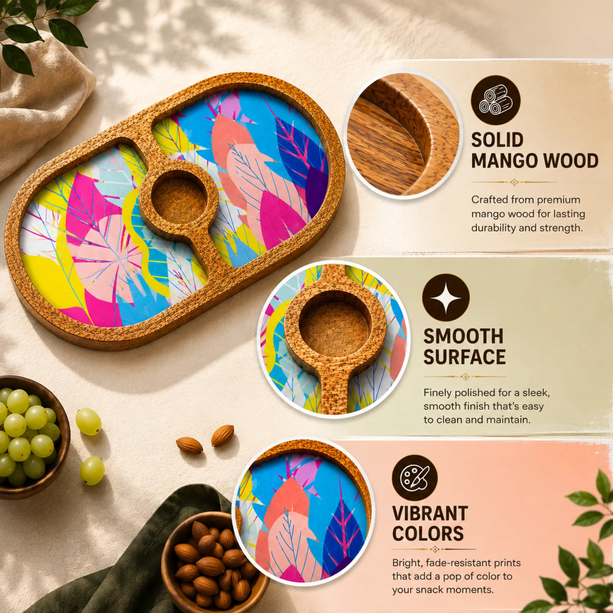 PaintzStories Cycle of Seasons round wooden serving platter featuring solid mango wood and glossy Meena print
