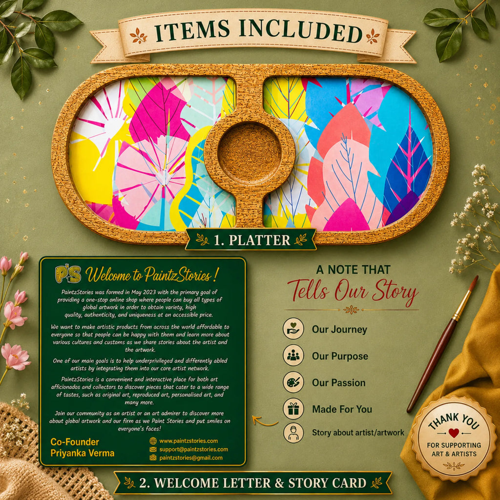PaintzStories Cycle of Seasons round wooden platter with PaintzStories Card and Welcome Letter