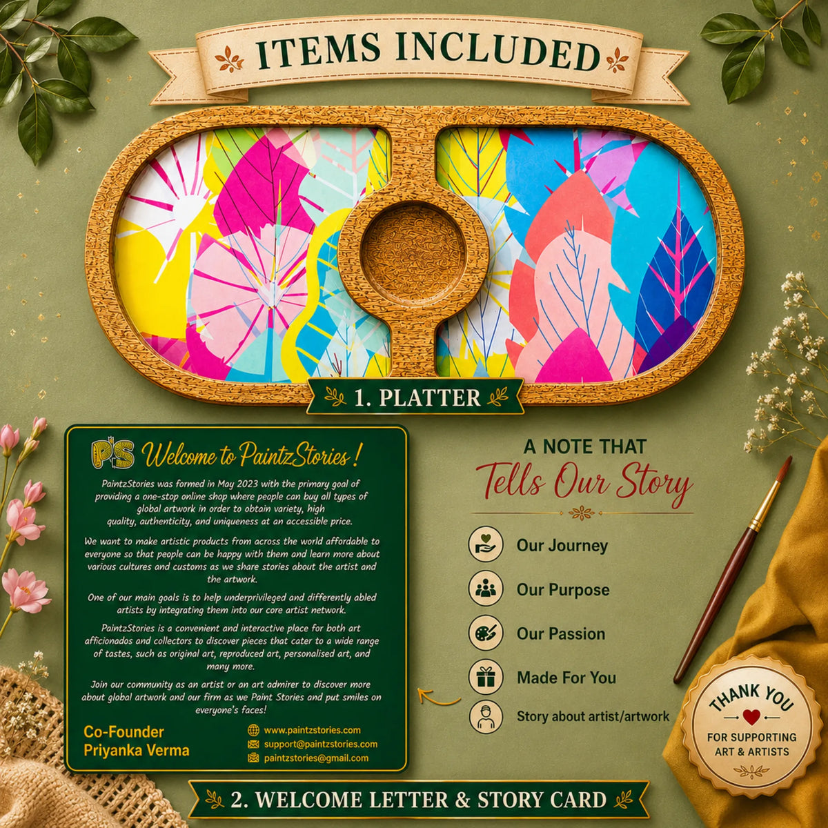 PaintzStories Cycle of Seasons round wooden platter with PaintzStories Card and Welcome Letter