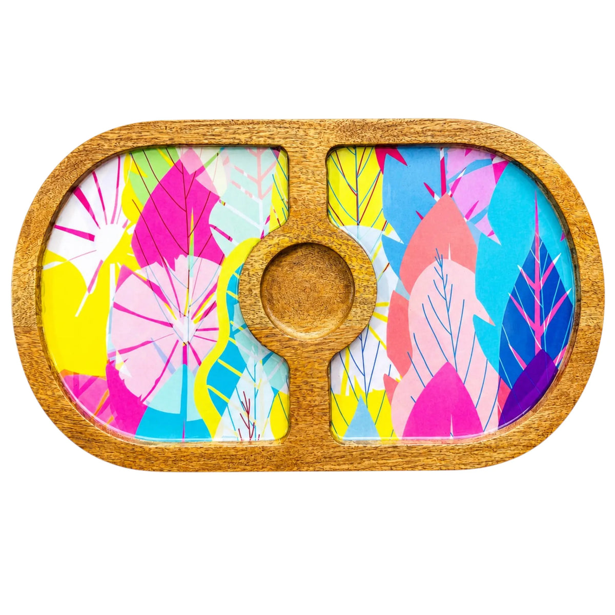 PaintzStories Cycle of Seasons round wooden serving platter, handcrafted solid mango wood with glossy Meena print, 14 x 8 inch